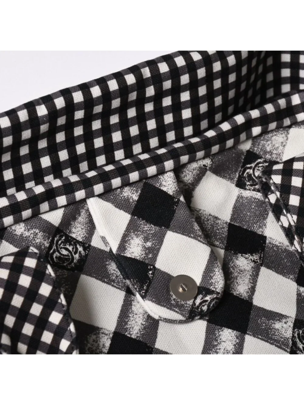 Chanel Cruise Line Gingham Check Tote Boston Bag White Black CC Logo Silver